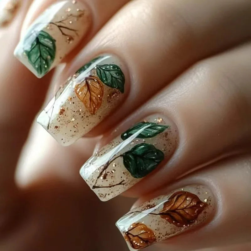 24Pcs Fashion Fake Nails Press on Long Ballet False Nails Art with Flower Design Brown Detachable Full Cover Nail Tips Manicure