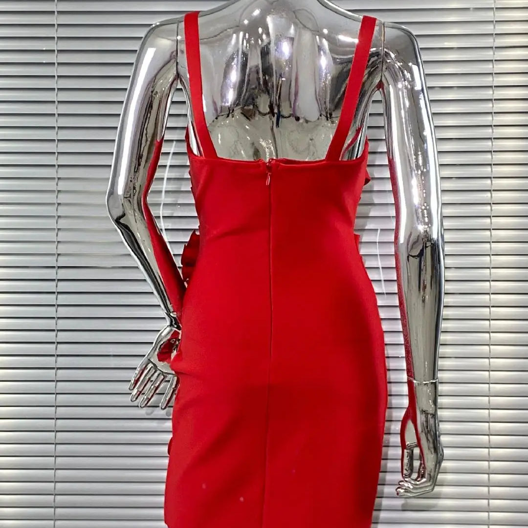 High Quality Red Color Women Sleeveless Sexy Strap Florals Bodycon Mini Bandage Dress Nightclub Party Celebrate Outfit Vestido