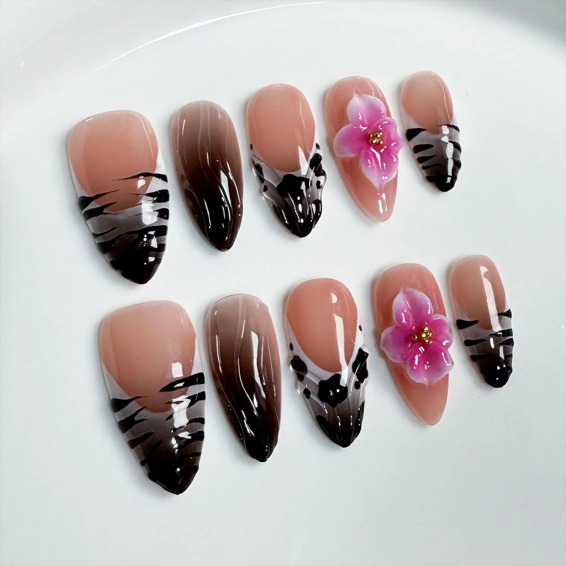 10 peças de unhas postiças de amêndoa com estampa de leopardo e flor 3D, unhas postiças francesas, acabamento artificial, beleza, acrílico, ponta de manicure artística
