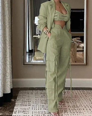 CM.YAYA Fashion Women's Set Long Sleeve Blazer Suit and Wide Leg Cargo Pants 2023 OL Workout Two 2 Piece Sets Outfit Tracksuit