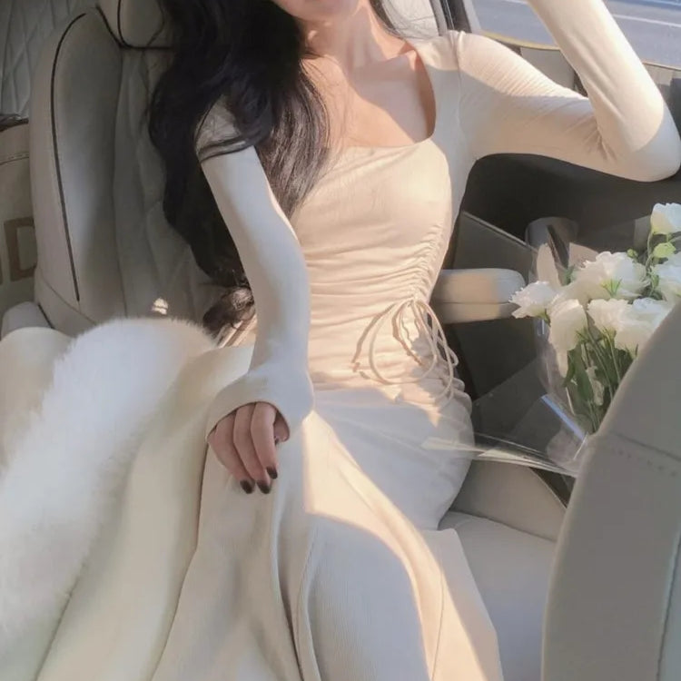 Fashion Women Midi Bodycon Dress Autumn New Drawstring Casual Slim Elegant Party Vestidos Female Chic Prom Birthday Long Robe