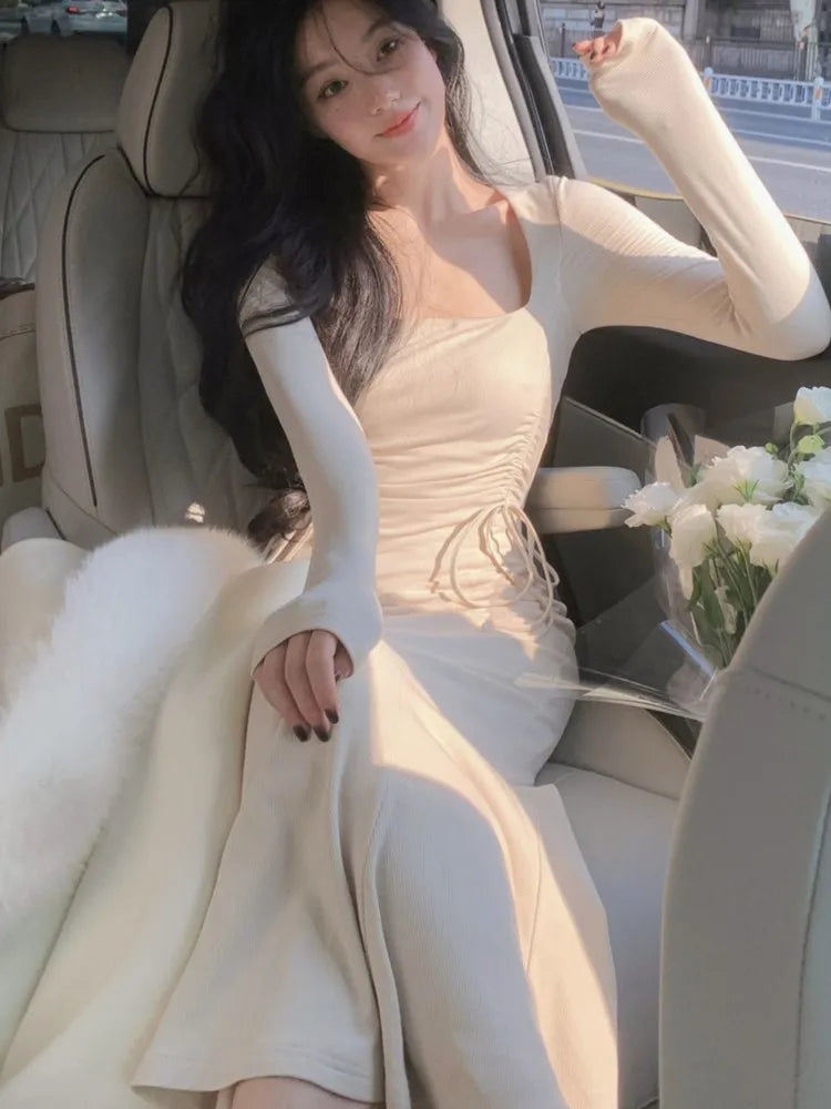 Fashion Women Midi Bodycon Dress Autumn New Drawstring Casual Slim Elegant Party Vestidos Female Chic Prom Birthday Long Robe