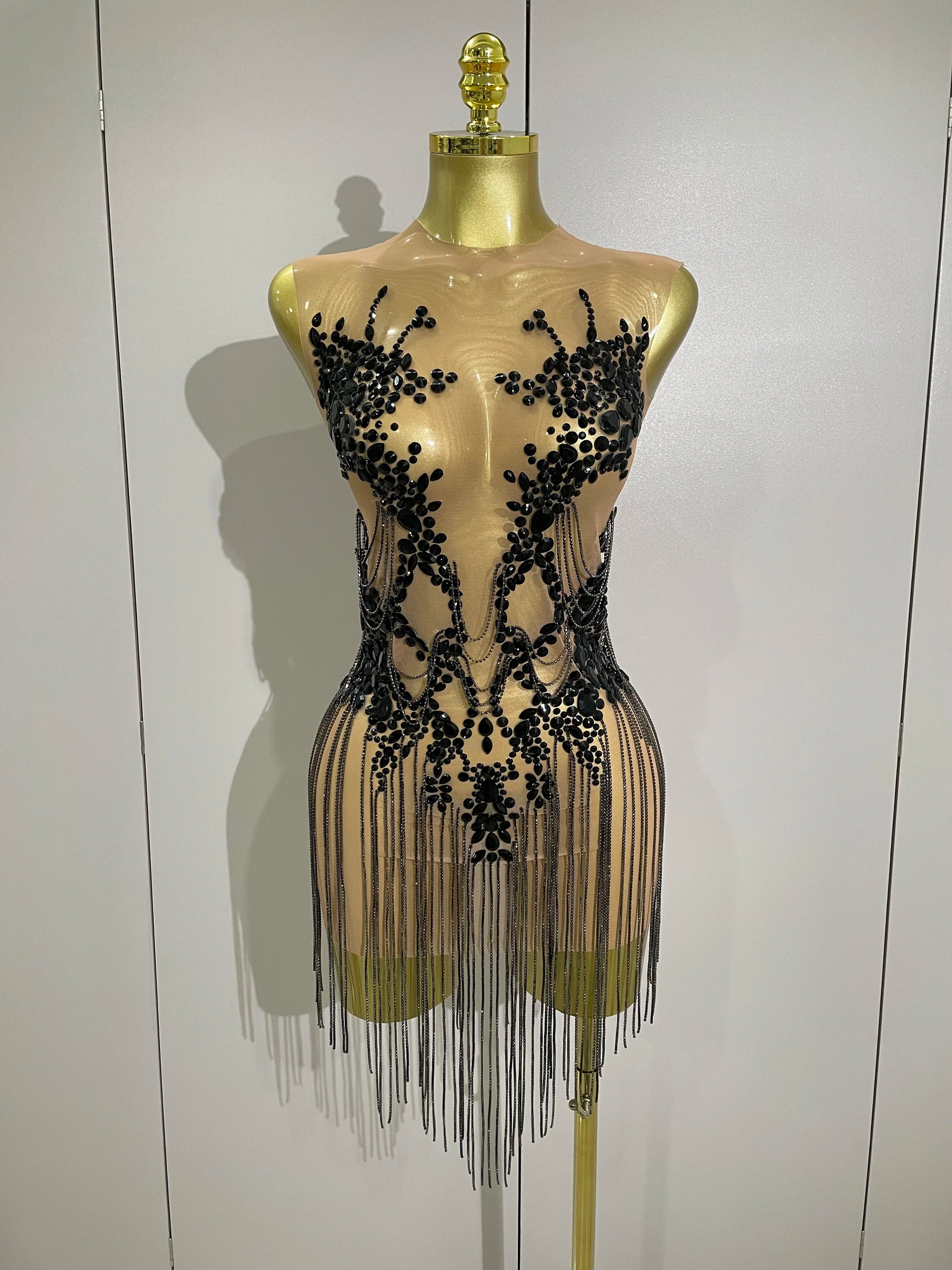 Luxury Sparkly Rhinestones Chain Sleeveless Mini Dress 2025 Women Sexy Performance Dance Nightclub Outfit Birthday Party Dress