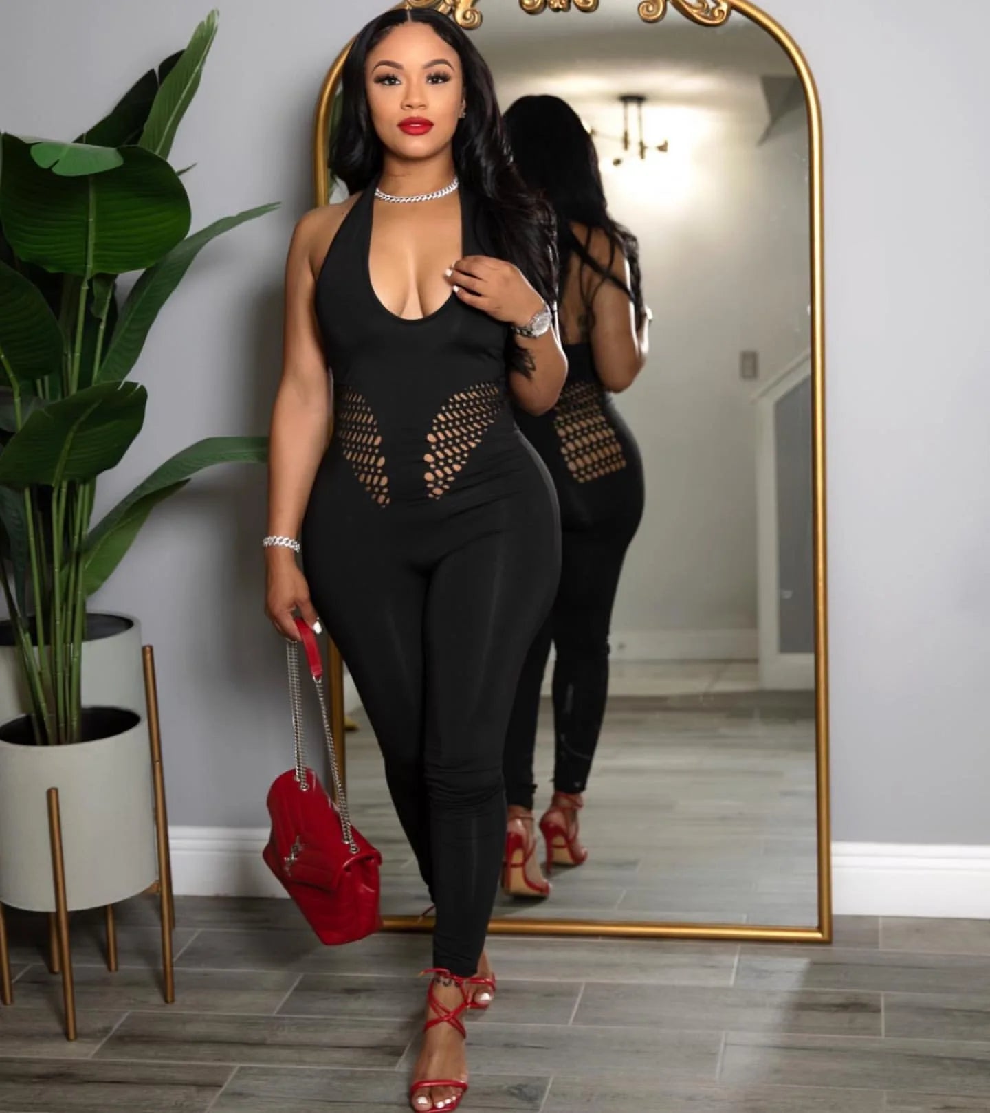 CM.YAYA Sleeveless Sexy Mesh Lace Hollow Out Women’s Jumpsuits 2025 summer v-Neck Night Club Party Pajamas One Piece Outfits