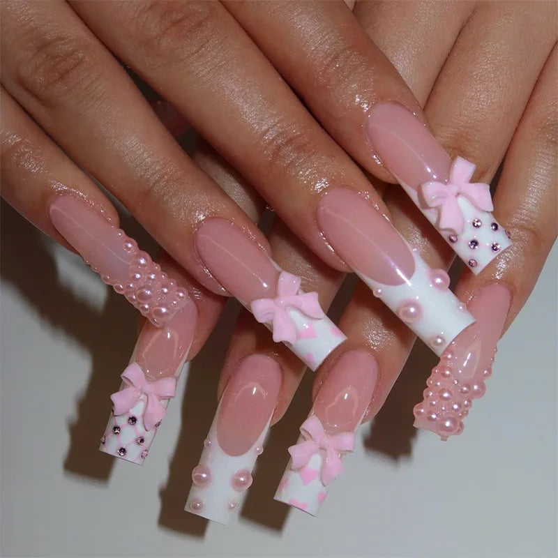 24Pcs Pink Press on Fake Nails Long Coffin with Love Broken Diamond Pearl Bowtie Design French Fake Nails Full Cover Nail Tips