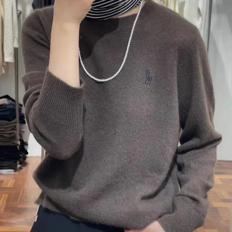Women's Fashion Spring and Autumn Cashmere Embroidered Pullover O-neck New Soft and Comfortable Casual Long Sleeve Embroide dark coffee