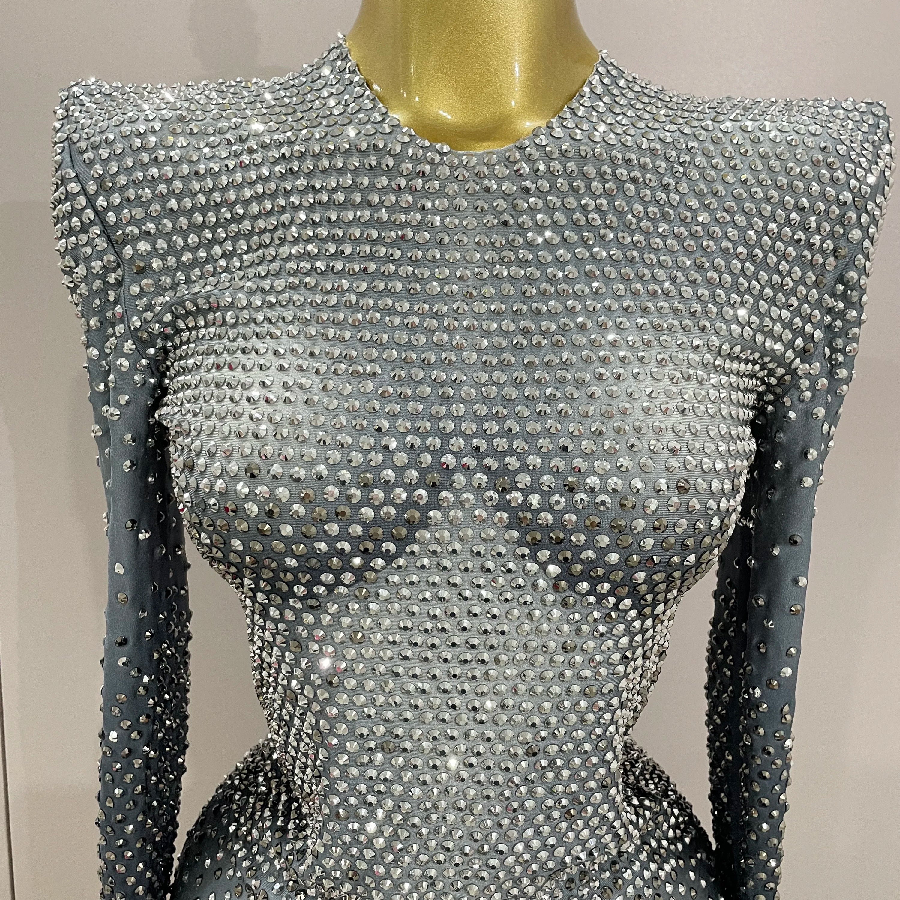 Sparkle Silver Rhinestones Long Sleeve Stretch Bodysuits 2025 New Women Evening Luxury Birthday Party Sexy Nightclub Stage Costu
