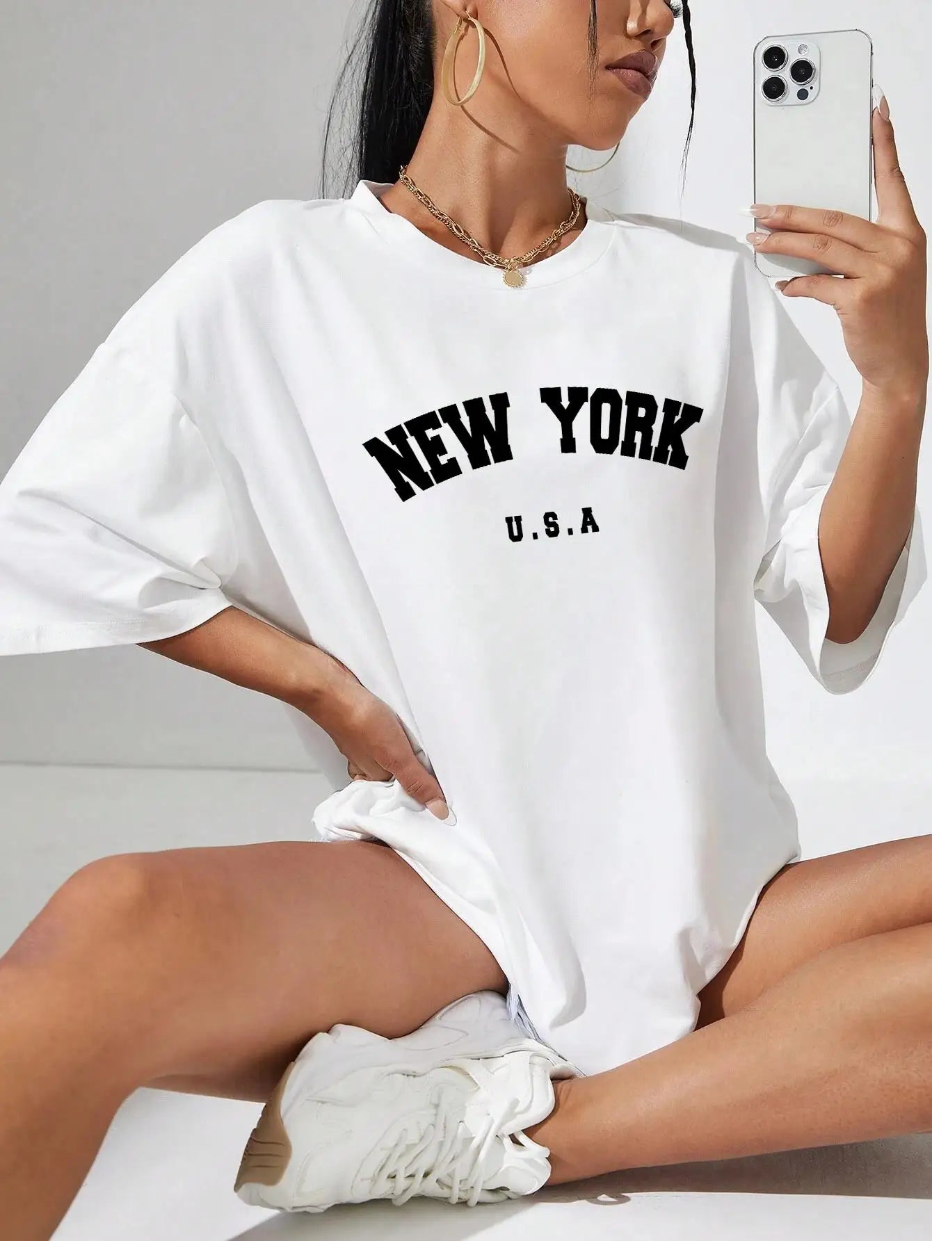 U.S.A New York USA City Street Printed Women T Shirts Breathable Summer T-Shirt Fashion Tees Clothing O-Neck Short Sleeve white