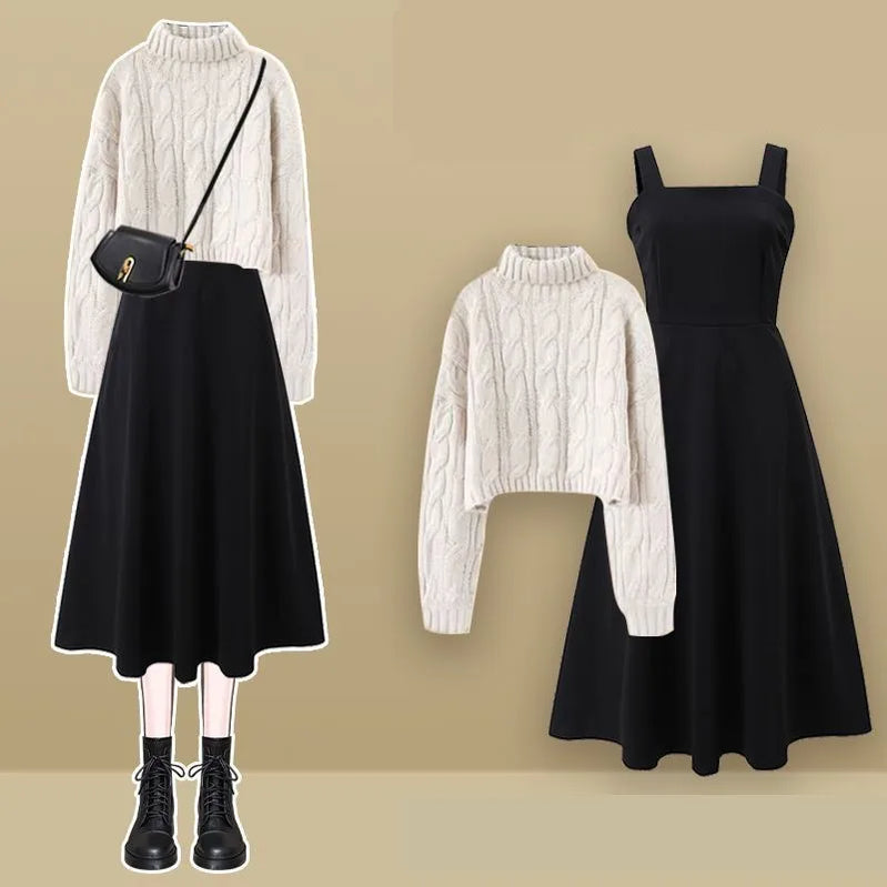 Women's Autumn Winter Loose High Neck Knitted Sweater Suspender Dress Two-piece Korean Elegant Pullover Strap Skirt Matching Set Set 06