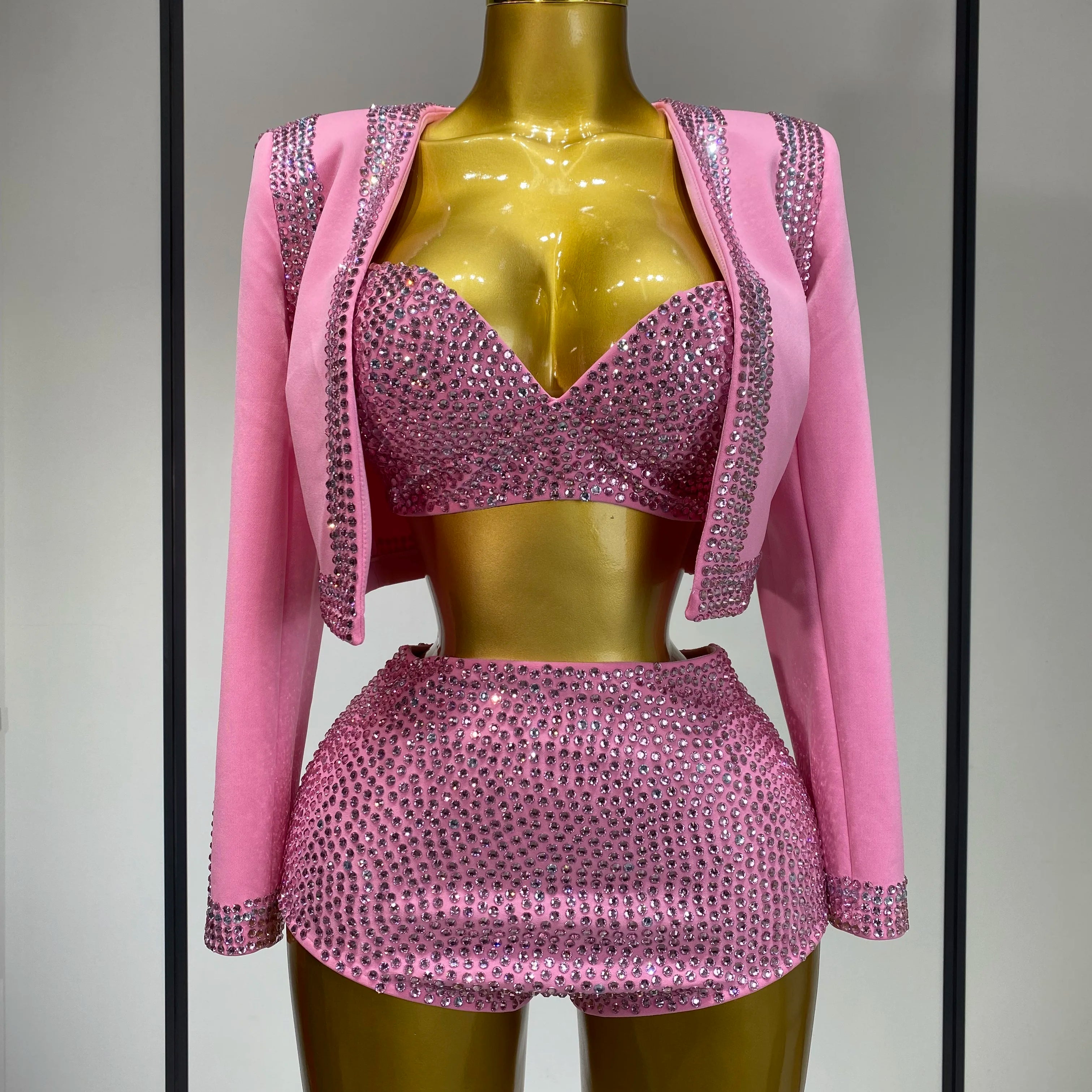 Luxury Rhinestone Jacket Bra Top And Matching Shorts Set 3 Pieces Outfits Women Sexy Sparkle Nightclub Singer Stage Outfit