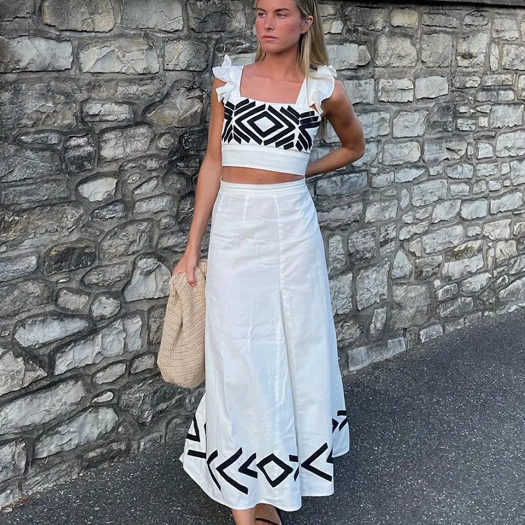 Fashion Sleeveless Short Top Skirt Set For Women Slim High Waisted Pattern Female Skirts Suit Casual Beach Holidays Prom Gowns