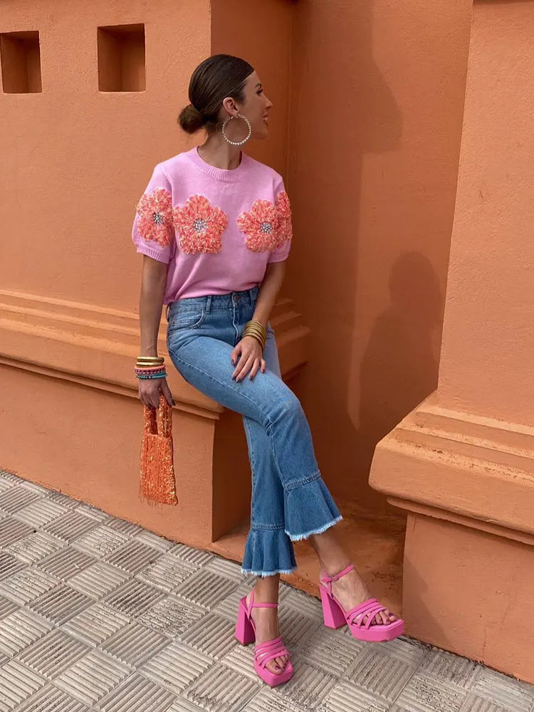Fashion Women 3D Flower Knitted Sweater Elegant Lady O Neck Short Sleeved Pullover Tops Chic Female Commute Street Outfits
