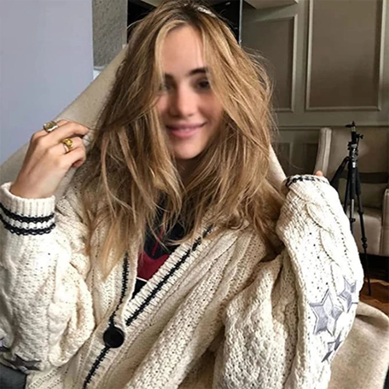 Winter Loose Cardigans Women Star Embroidered Tay Vintage Y2K Streetwear Single Breasted Long Sleeve Top Swift Knitted Sweaters