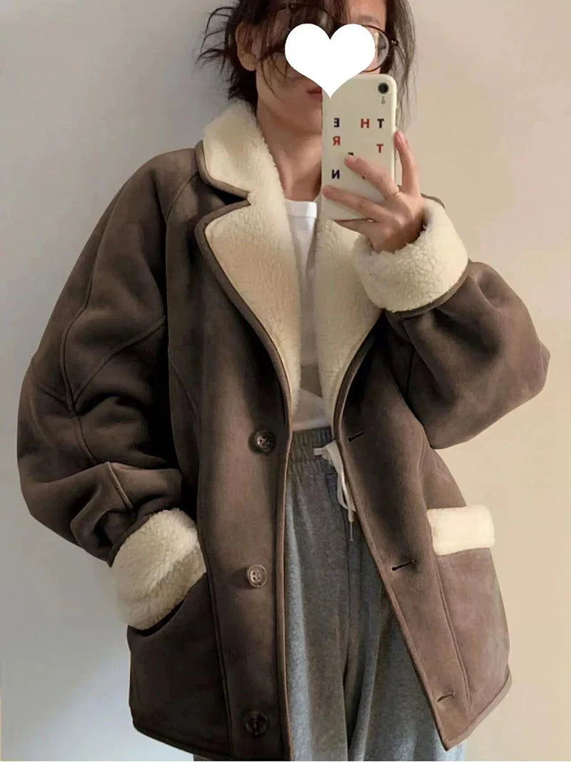 Lady Winter Woman's Fashion Thick Warm Faux Shearling Jacket Coat Vintage Long Sleeve Female Real Wool Outerwear Brown