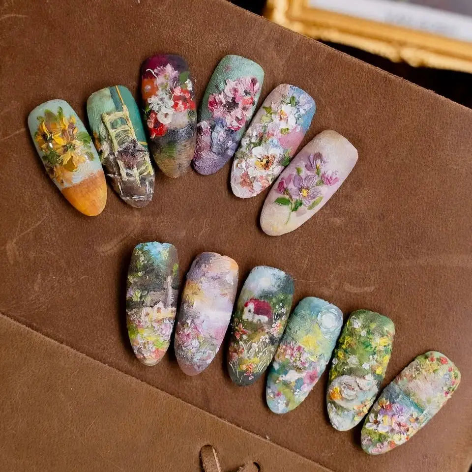 24pcs Finished Press on Nails Tips Idyllic Flower Pattern Design Long Almond False Nail Art Colorful Fake Nail Reusable Manicure