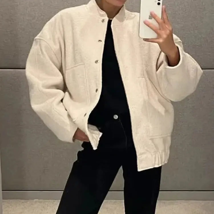 Women Elegant Solid Coat Button Long Sleeve Pocket Bomber Jacket Autumn Winter Female Casual Loose Streetwear Coats