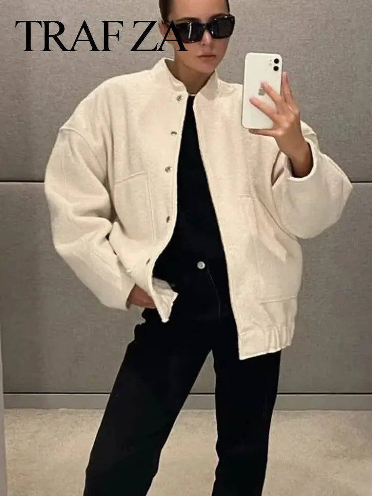 Women Elegant Solid Coat Button Long Sleeve Pocket Bomber Jacket Autumn Winter Female Casual Loose Streetwear Coats