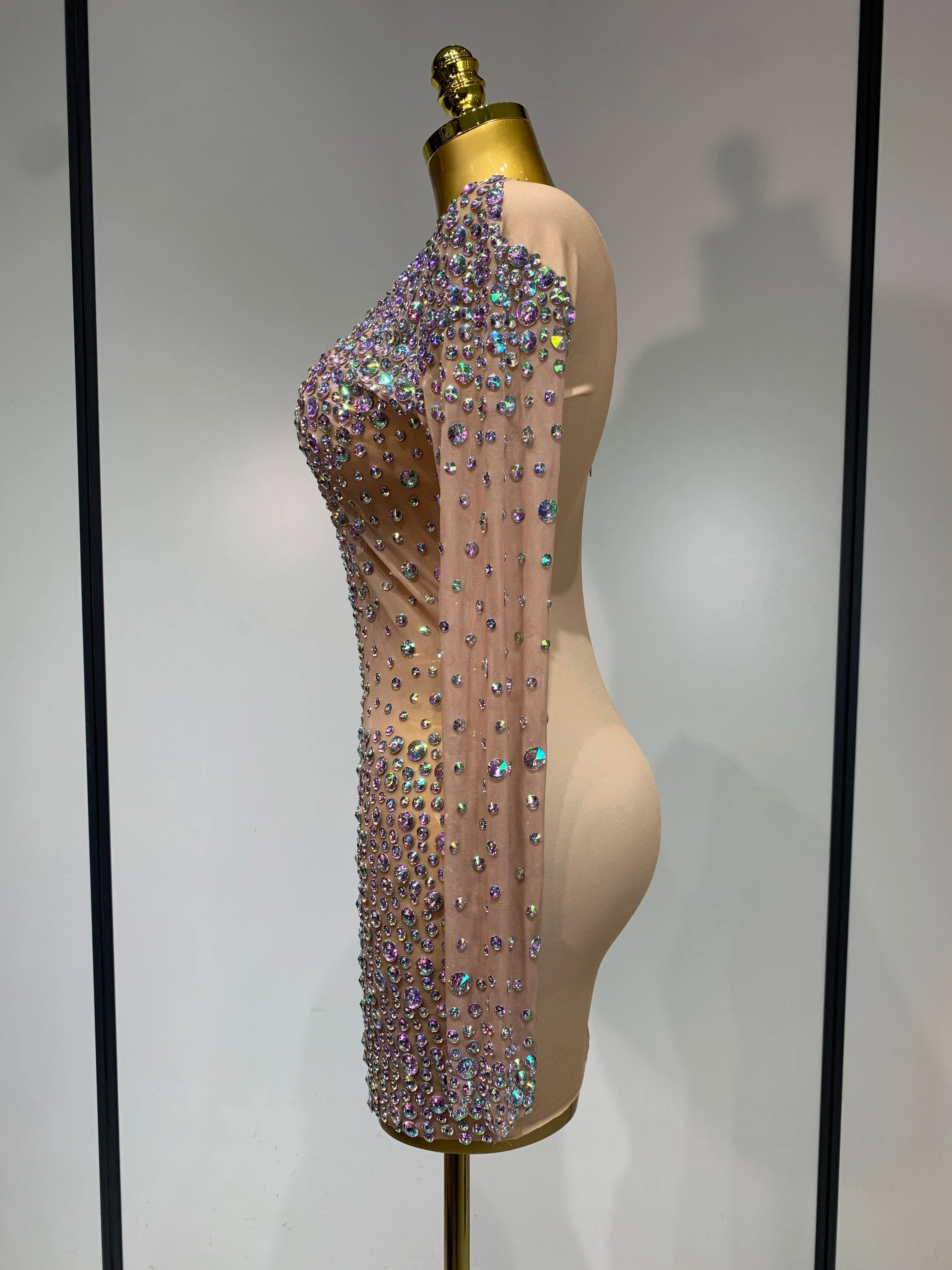 Sparkly Luxury Rhinestones Colourful Mini Dress Women Sexy Mesh See Through Birthday Performance Costume Dancer Stage Wear