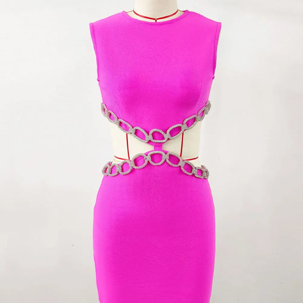 2024 Sexy Women's Waist Set with Diamond Chain Design Bandage Dress O-Neck Sleeveless Bodycon Bareback Mini Dress Party Vestidos