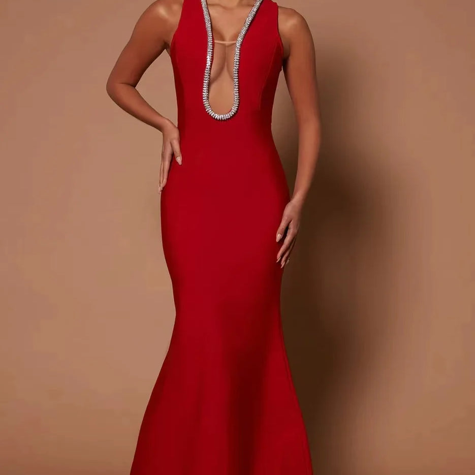 Factory Wholesale Women's Multi-Color V-Neck Diamond Sexy Boutique Celebrity Cocktail Party Bandage Long Dress Red
