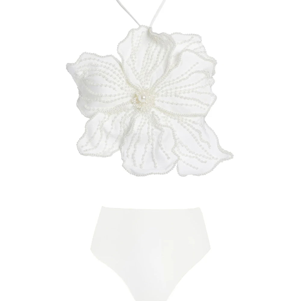 Fashion Flower Bikini Pearl Design Neck Swimsuit Luxury Sexy Tube Top Halter Seaside Vacation Hollow Trousers 2024 Women'S Retro white bikini