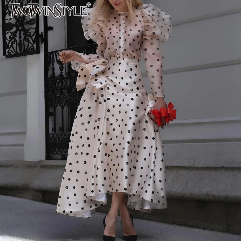 TWOTWINSTYLE Hit Color Sheer Spliced Wave Point Two Piece Sets for Women Round Neck Long Sleeves Top High Waist Skirt Set Female