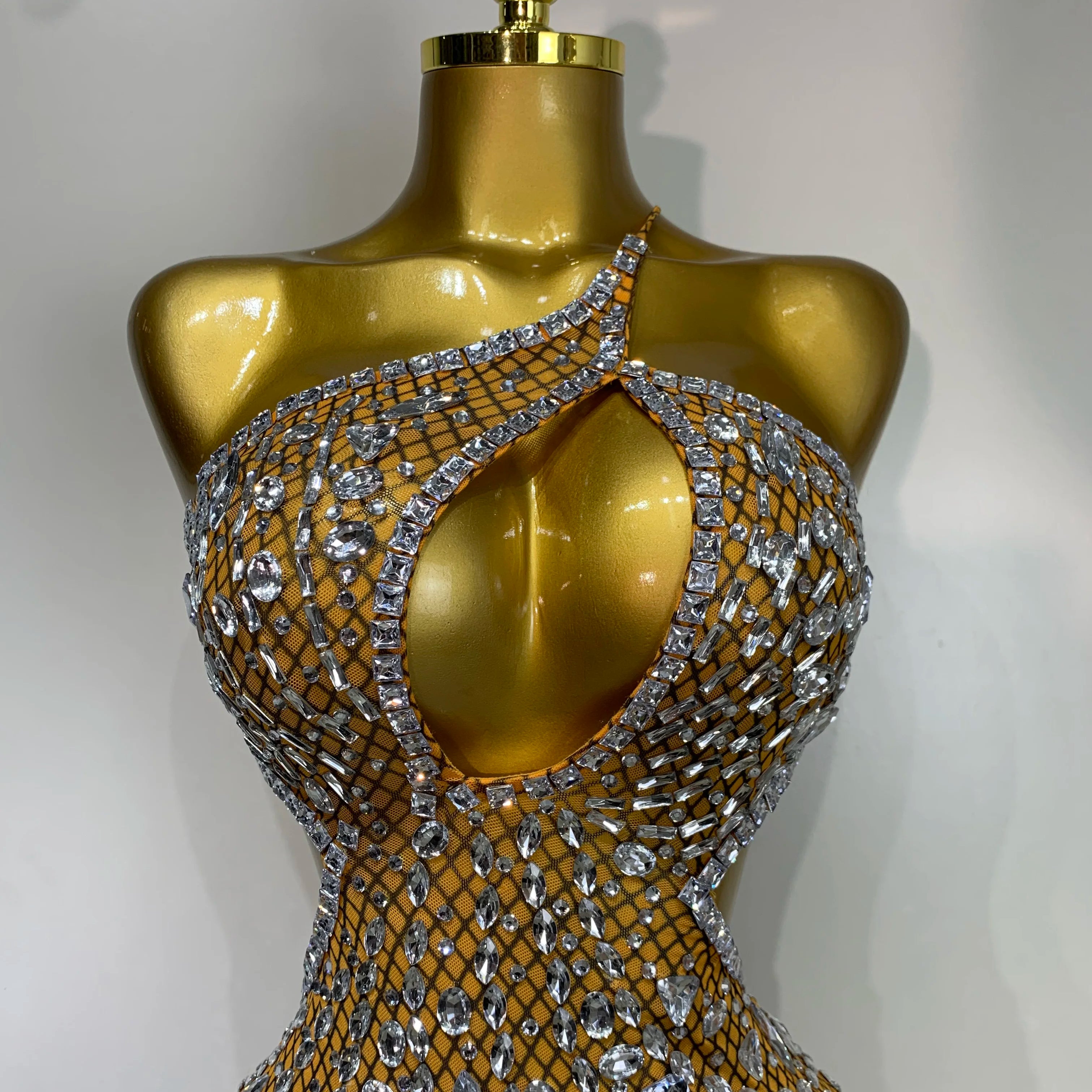 Sparkly Rhinestones Backless Mini Dress Women Sexy Mesh Transparent Celebrate Evening Birthday Dress Photo Shoot Stage Wear