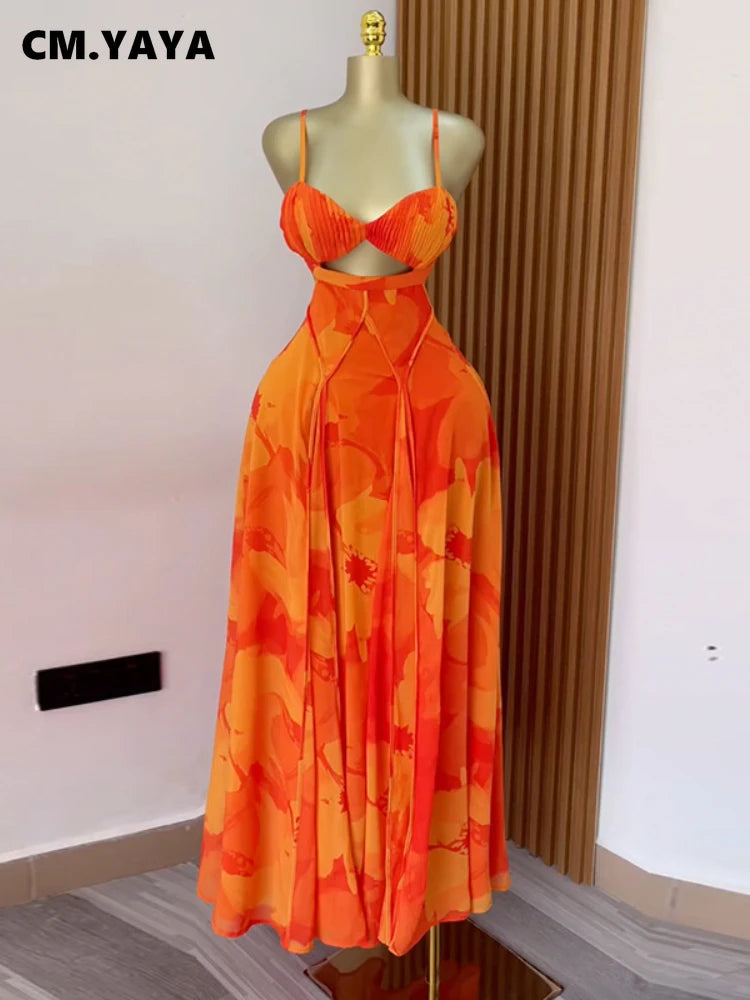 CM.YAYA Women Floral Printed Strap Backless Bra Front Big Swing Maxi Long Dress 2025 Vintage Sexy Club Party Evening Dresses