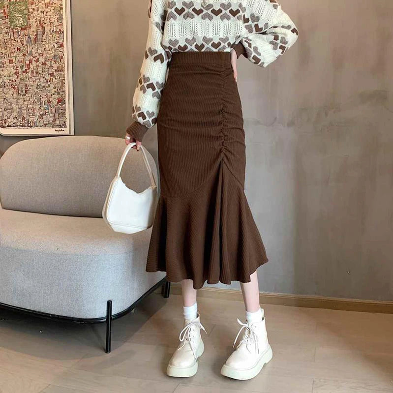 Fashion High Waist Midi Skirts for Women Spring Slim Fit Hip Mermaid Skirt Woman Korean Ruffles Brown Skirts 2XL Brown