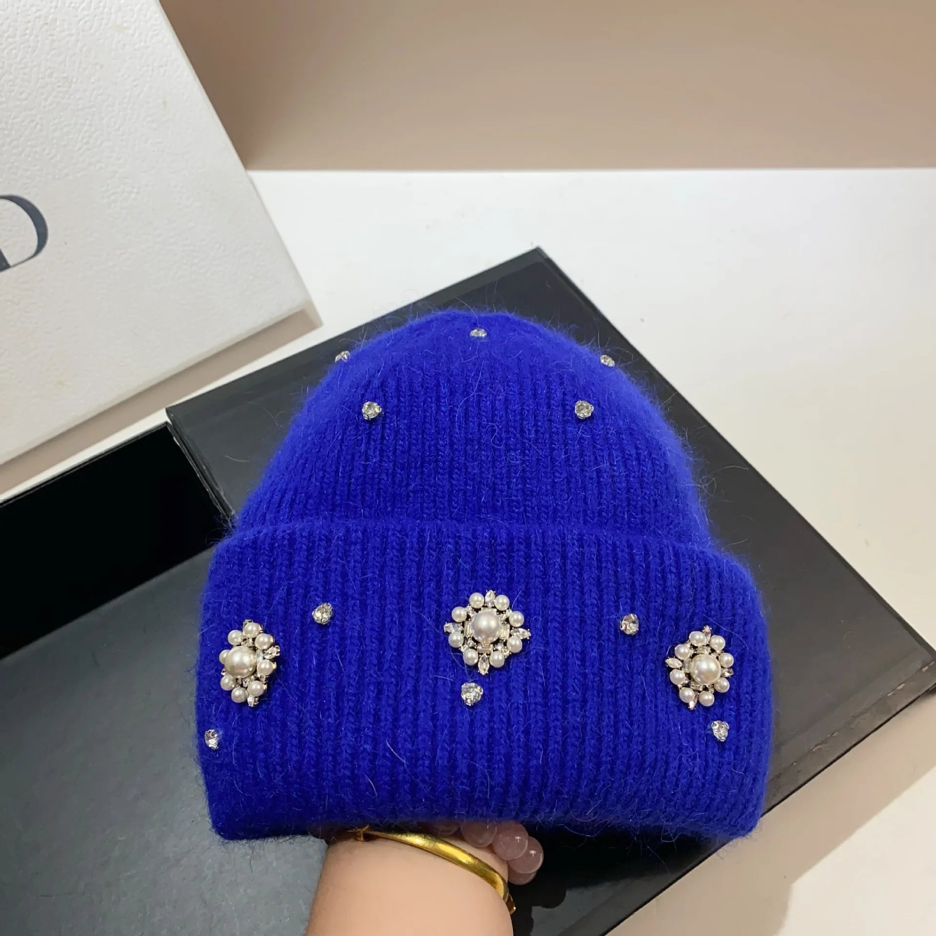 Designer Brand Rhinestones Winter Knitted Hat Women Warm Wool Skullies Beanies Real Rabbit Fur Knit Bonnet Outdoor Skiing Cap royal blue