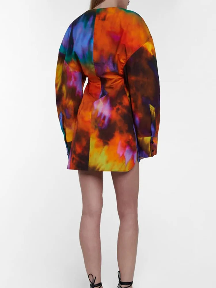 DEAT Fashion Women's Shirt Dress V-neck Loose Tie Dye Long Sleeve Single Breasted Waist Mini Dresses Spring New WR36309