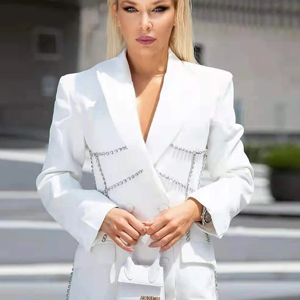 Fashion Trend Jacket Diamond Pattern Lapel Double-breasted Waist Mid-length Blazer Women coat