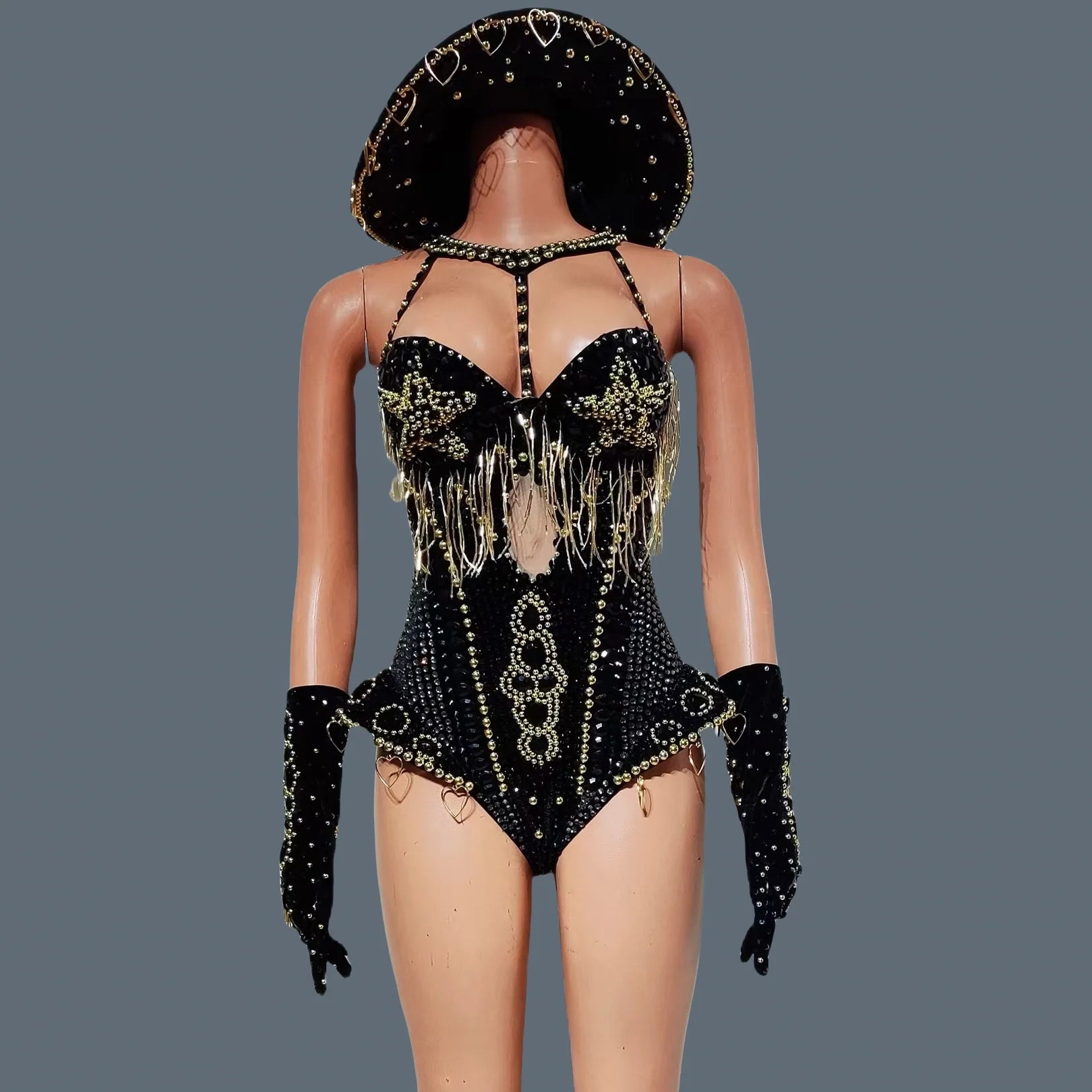 Luxury Women Crystals Tassel Bodysuit Set Cowboy Night Party Jumpsuit Stage Show Outfit Festival Celebrate Sexy Wear Hongding