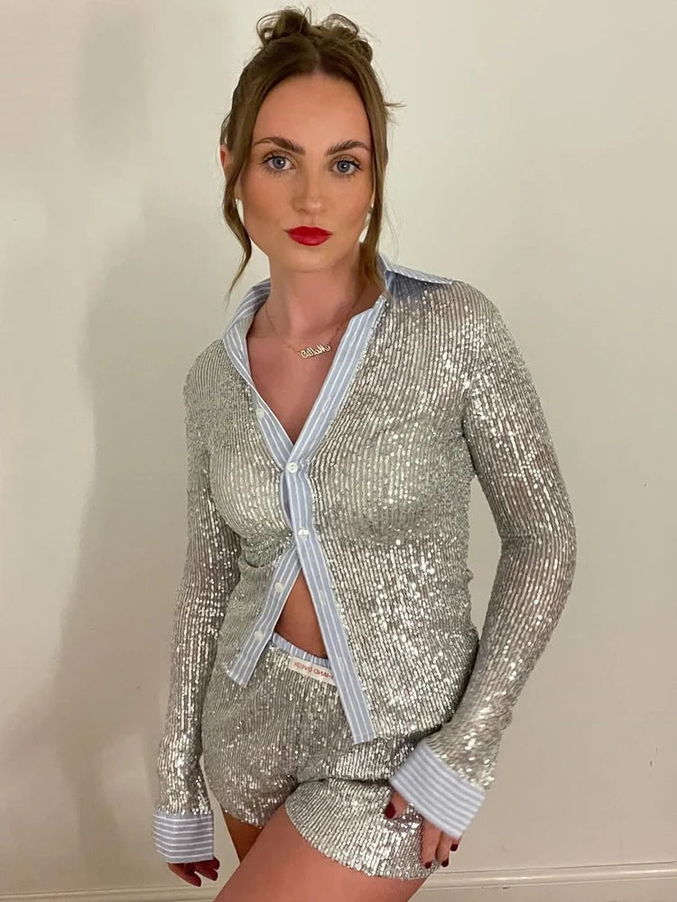 Silver Glitter Shorts Sets Women Contrast Color Single-breasted Shirt And Shorts Sparkle Two Piece Set Shorts Sets