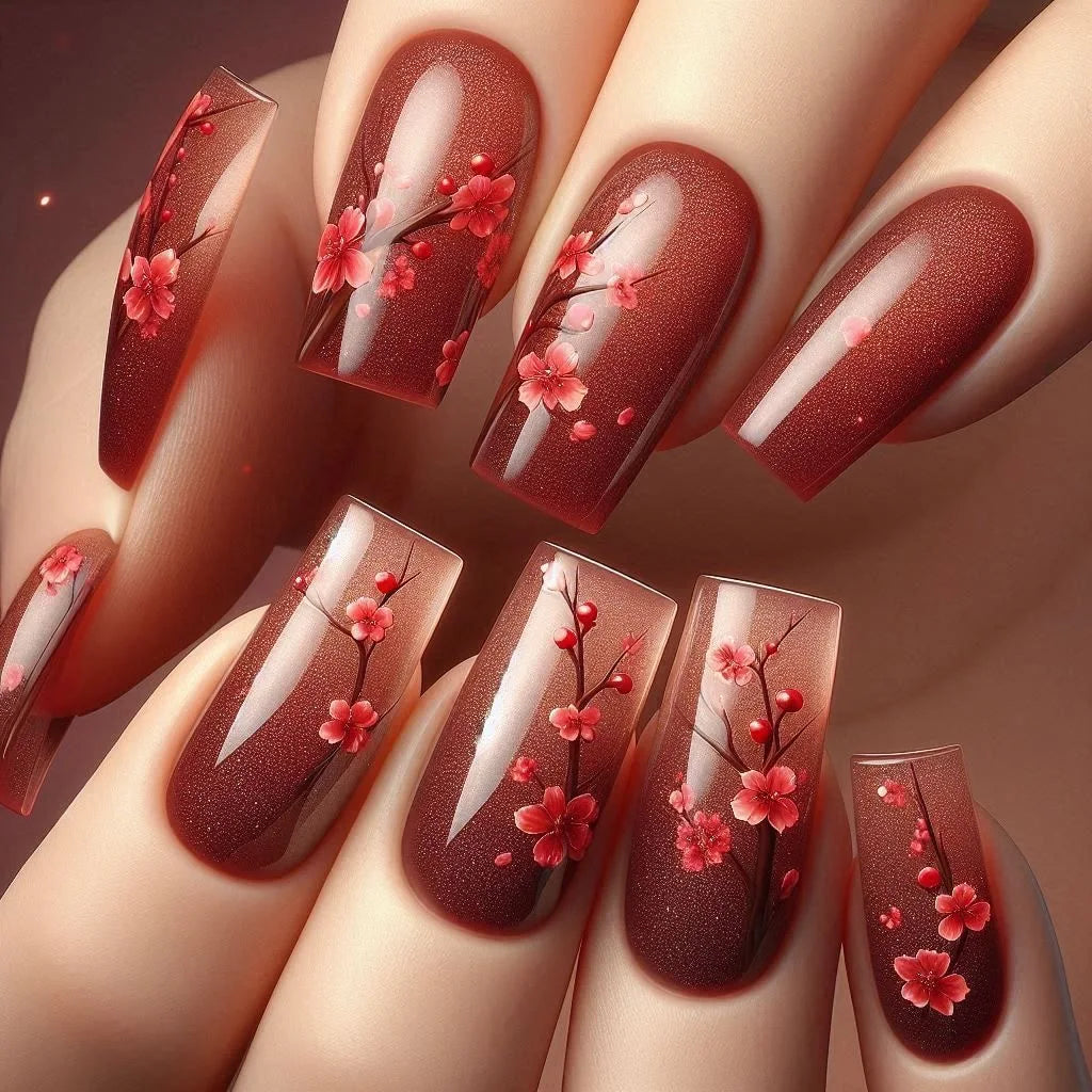 24pcs/set Medium Long fake nails for Spring summer beautiful flowers mushroom bees cute almond square tips press on false nails