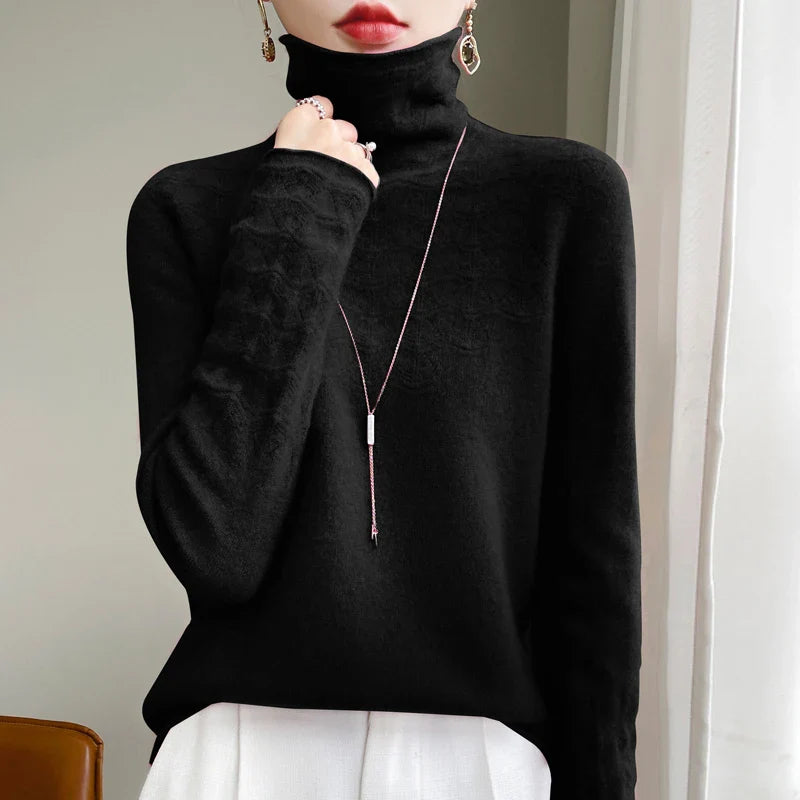 Fashion Cashmere Jumper 100% Merino Wool Pullover Winter High Neck Solid Long Sleeve Women's Seamless Hollow out Knitted Sweater black