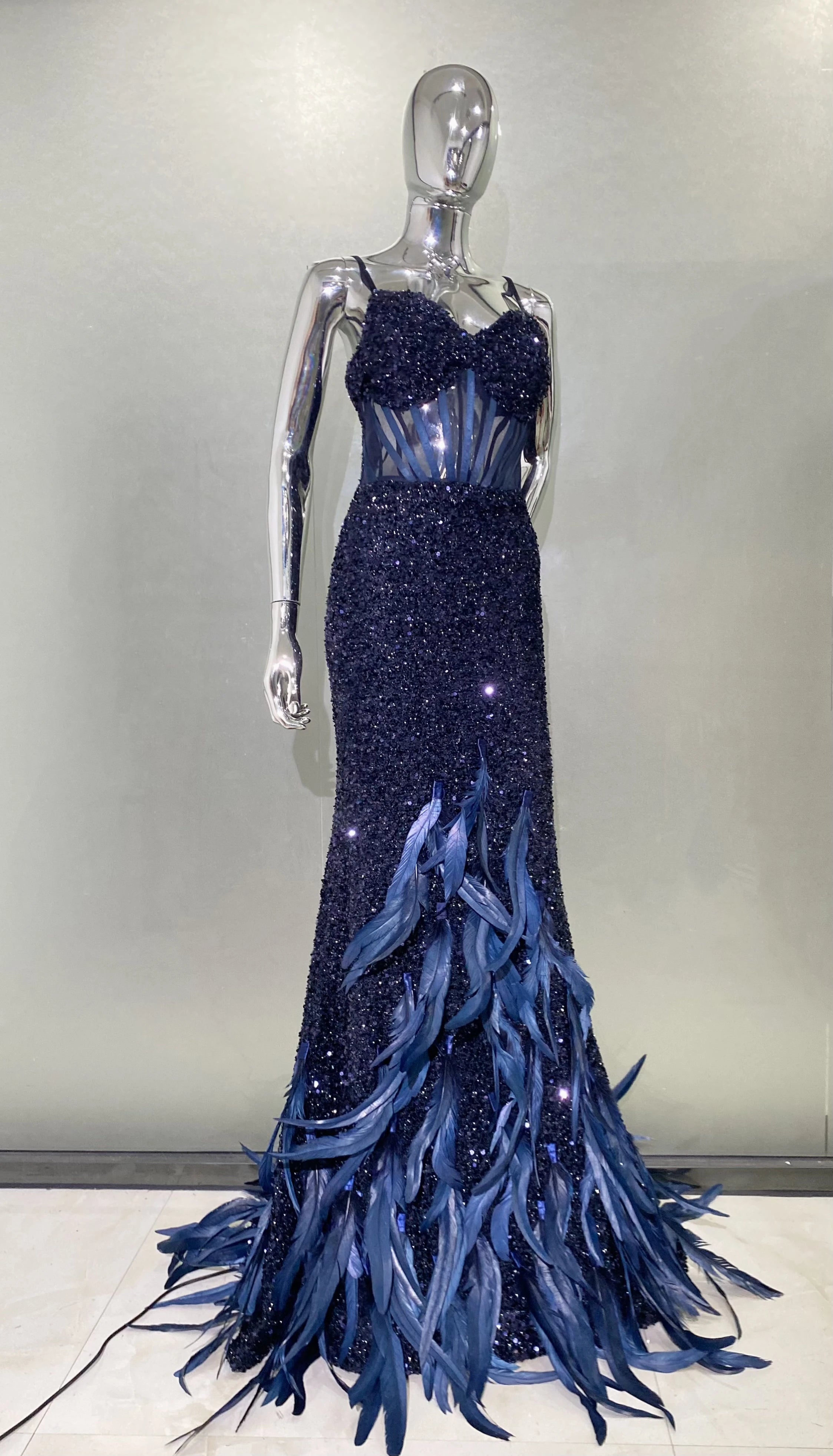 Women Summer Sexy V Neck Mesh Sequins Blue Feather Maxi Long Dress 2024 Elegant Party Evening Stage Performance Dress Vestido