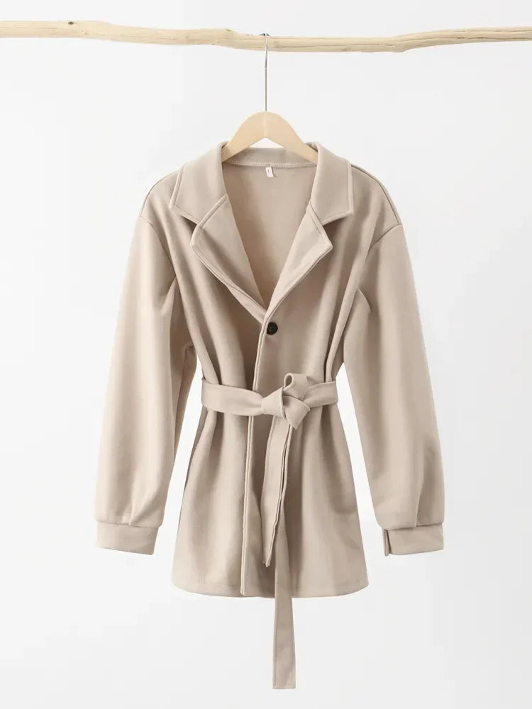 Thick Female Trench Warm Jackets Turn-down Collar Long Puff Sleeve Clothes Autumn Elegant Belt Coat Women Chic Midi Top