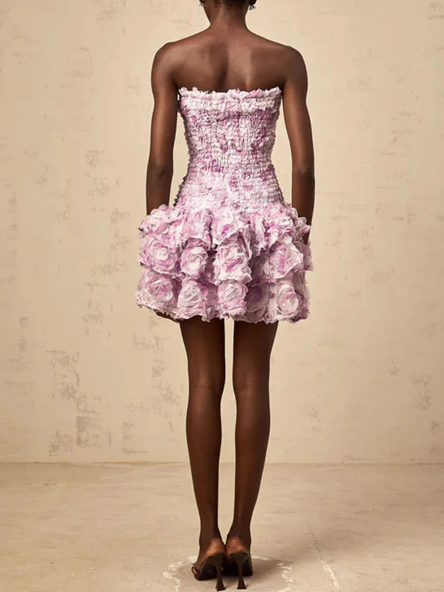 Vestidos temperamentais da moda com blocos de cores para mulheres, sem alças, sem mangas, patchwork, flores 3D, roupa feminina