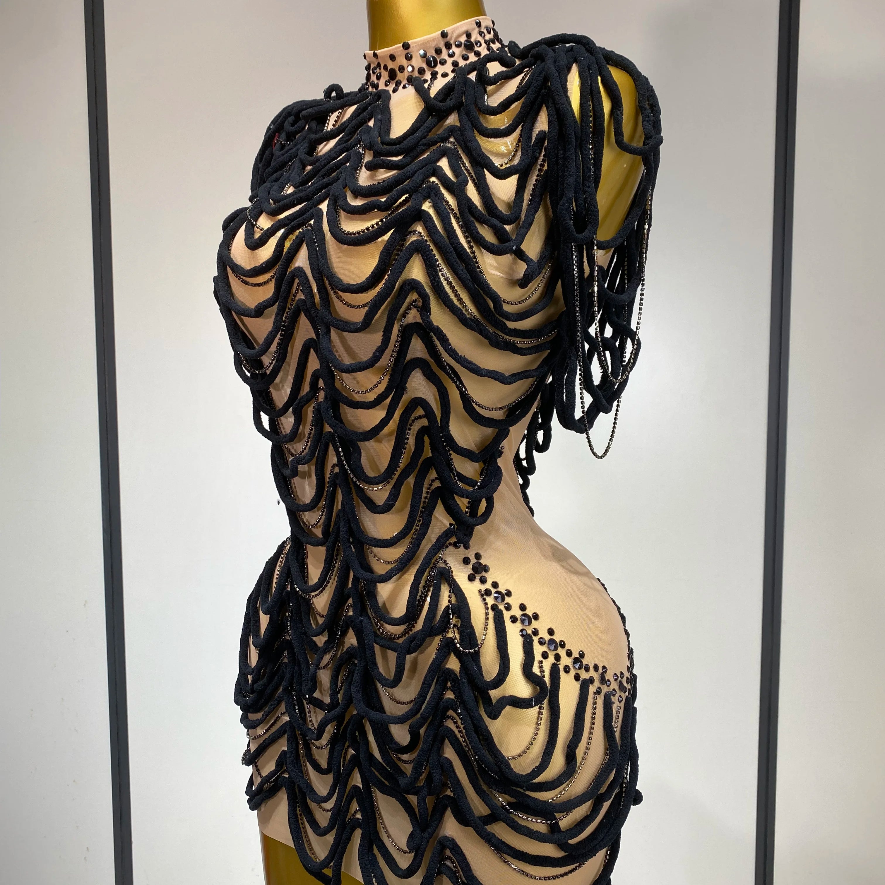 Women Sexy Fashion Short Dress Mesh Designer Rhinestones Chain Stage Costume Nightclub Celebrate Party Performance Outfit