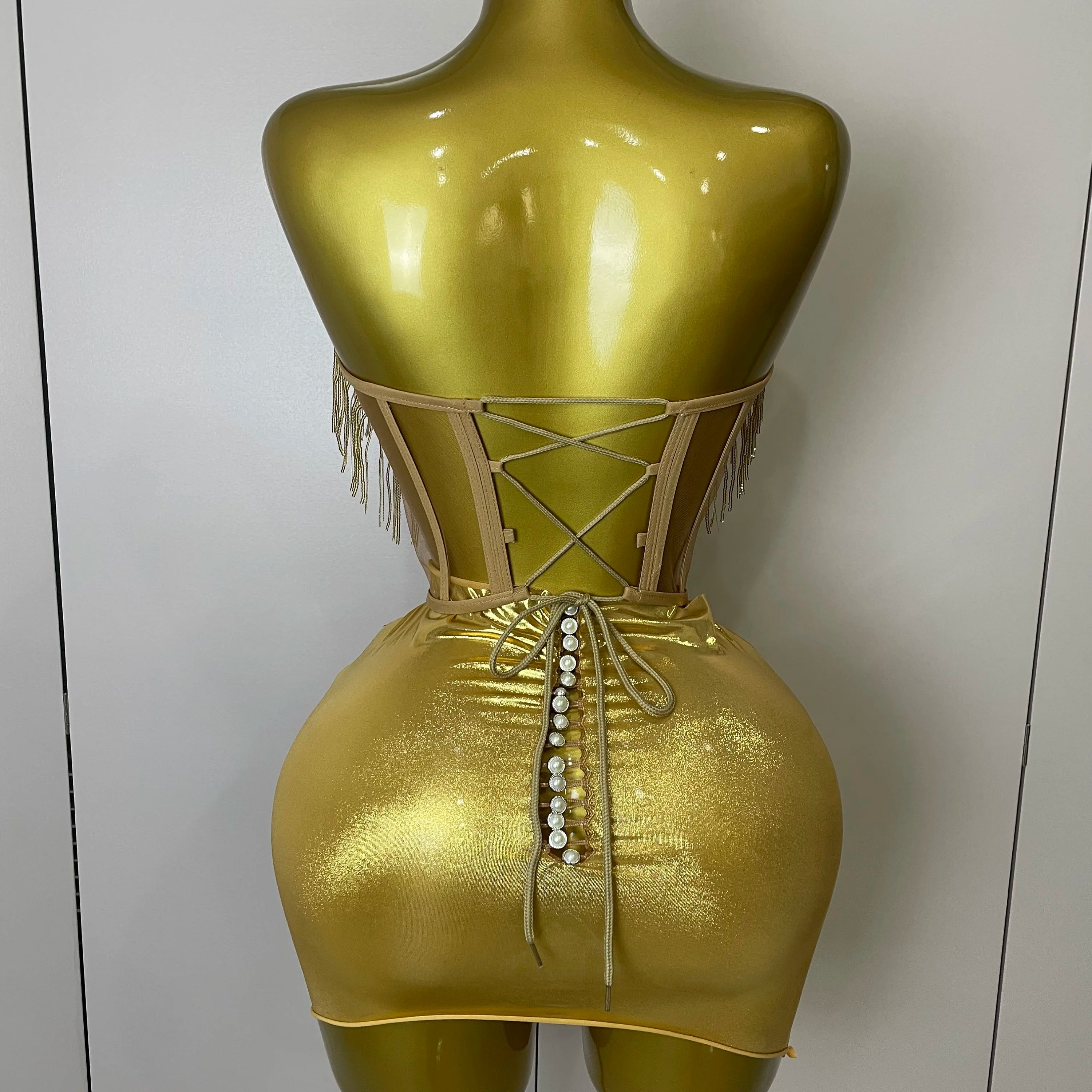 Sparkly Gold Rhinstones tassels Top Skirt Two-piec Set 2025 Women Sexy Strapless Designer Nightclub Evening Party Stage Outfit