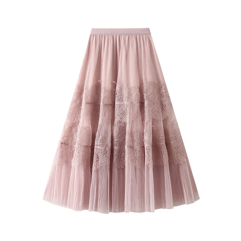 UCXQ New Products Sweet Cake Spliced Skirt Lace Pleated Mesh Large Hem A-line Skirts For Women New Spring Autumn 23A7001 Pink One Size