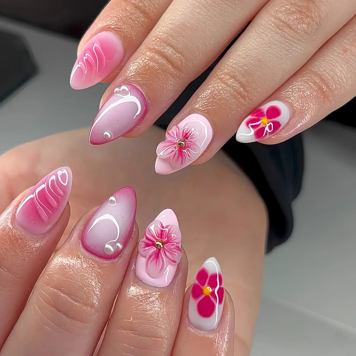 24Pcs Short Almond Fake Nails with Pink White French 3D Flower Design Press on False Nails Oval Detachable Full Cover Nails Tips