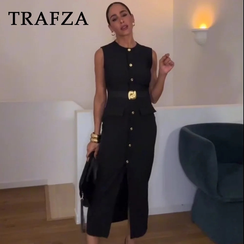 TRAFZA 2025 Spring Summer Streetwear Women Dresses Fashion Casual ELegant Sashes Sleeveless Button Solid Zipper Ladies Dresses