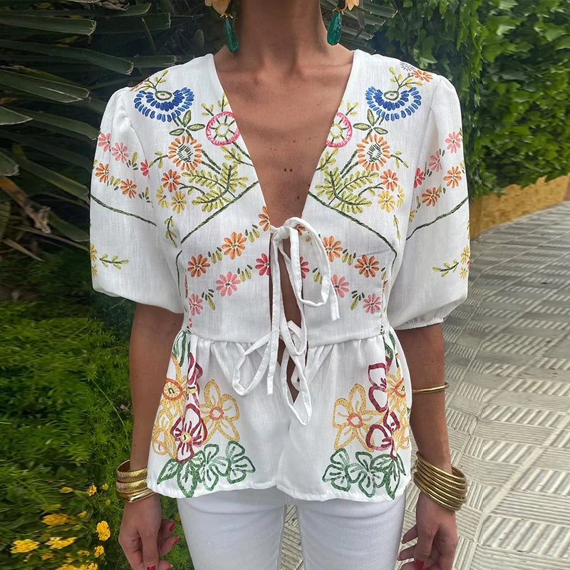 Fashion Print Bow Lace Up Women Blouses Loose V-neck Short Puff Sleeve Female Shirts Spring Summer Casual Lady Flower Tops Print 03