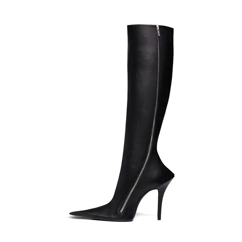 Arden Furtado European style boots for women knee high Pointed toe Thin heels Side zipper skinny calf knee high boots black black