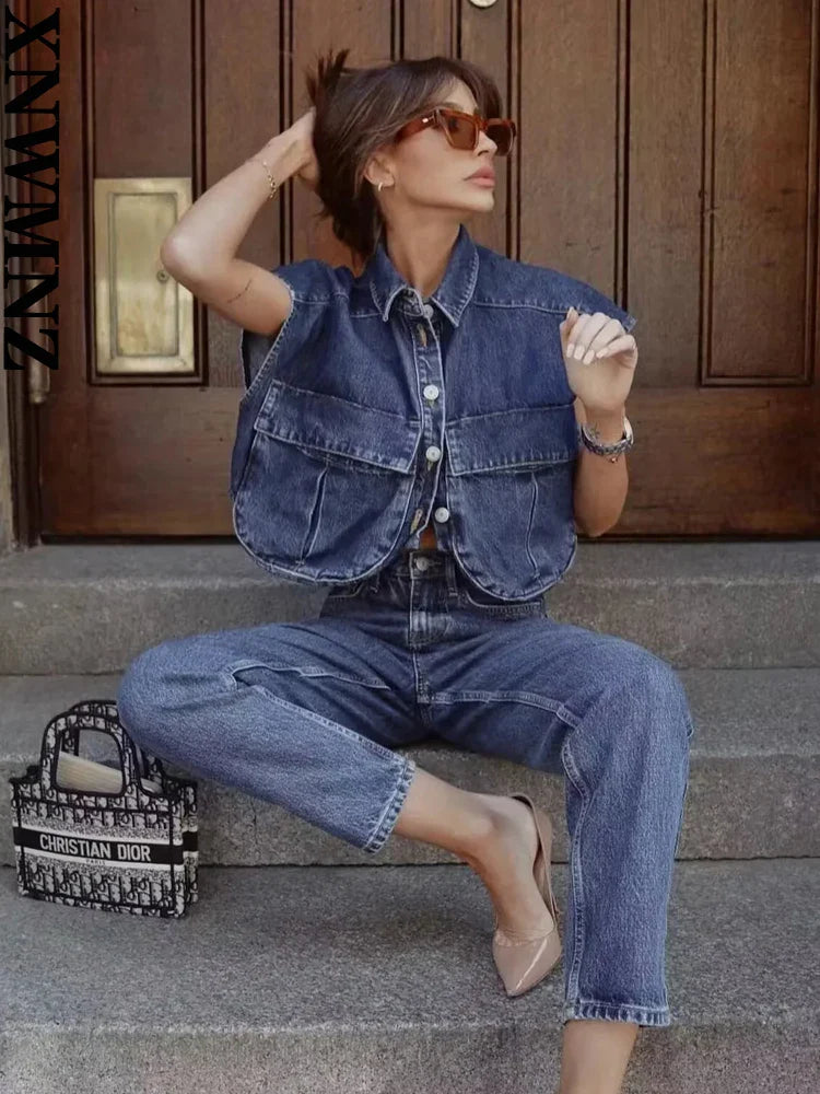 XNWMNZ Women Fashion Pockets Cropped Denim Shirts Sexy Sleeveless Button-up Female Blouses Blusas Chic Top