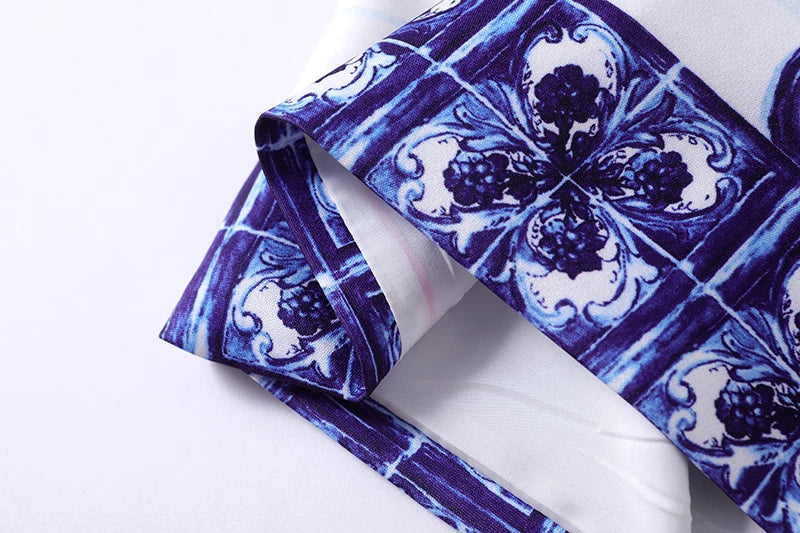 Runway Summer Short Dress Women's O-Neck Sleeveless Yellow Blue And White Porcelain Flower Print Holiday Tank Mini Vestidos