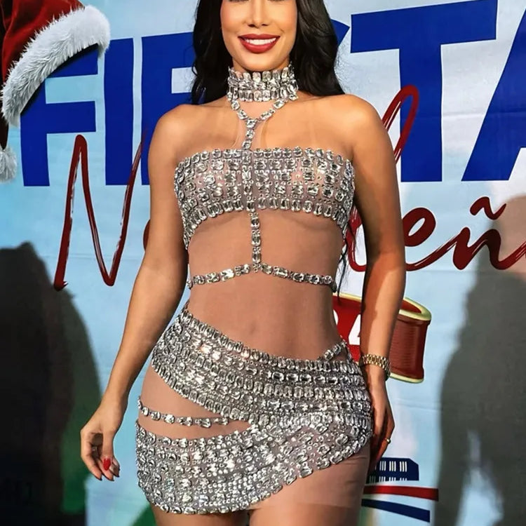 Ladies Celebrity Women Sexy Tank Crystal Diamonds Mesh Mini Dress Birthday Party Costume Bar Nightclub Stage Performance Outfit