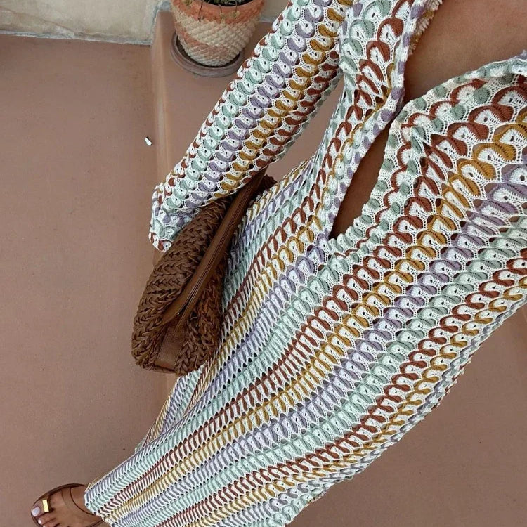 WeiYao Handmade Crochet Multi-color Hollow Out Split Maxi Dress for Women Deep V Long Sleeve Elegant Bohemian Sexy Bodycon Dress